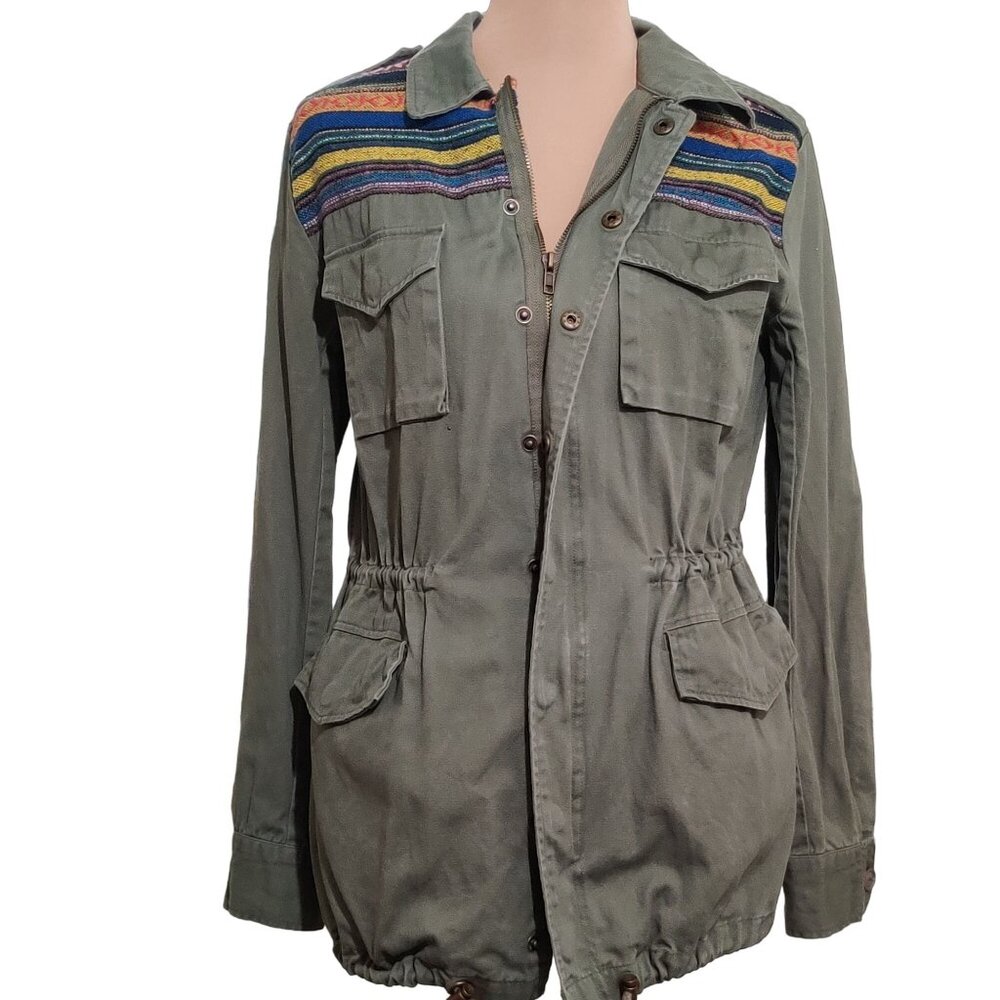 Forever 21 Womens Jacket Military Cargo Colorful Aztec Stripes Olive Green Sz L